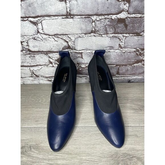 Via Spiga Midnight Navy Blue Leather Black Fabric Heels Women Sz 8.5B US/38.5EU - Picture 12 of 16